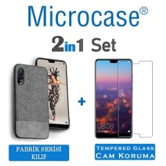 Microcase Huawei P20 Fabrik Serisi Kumaş ve Deri Desen Kılıf - Gri + Tempered Glass Cam Koruma