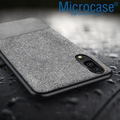 Microcase Huawei P20 Fabrik Serisi Kumaş ve Deri Desen Kılıf - Gri + Tempered Glass Cam Koruma