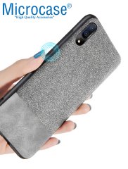 Microcase Huawei P20 Fabrik Serisi Kumaş ve Deri Desen Kılıf - Gri + Tempered Glass Cam Koruma