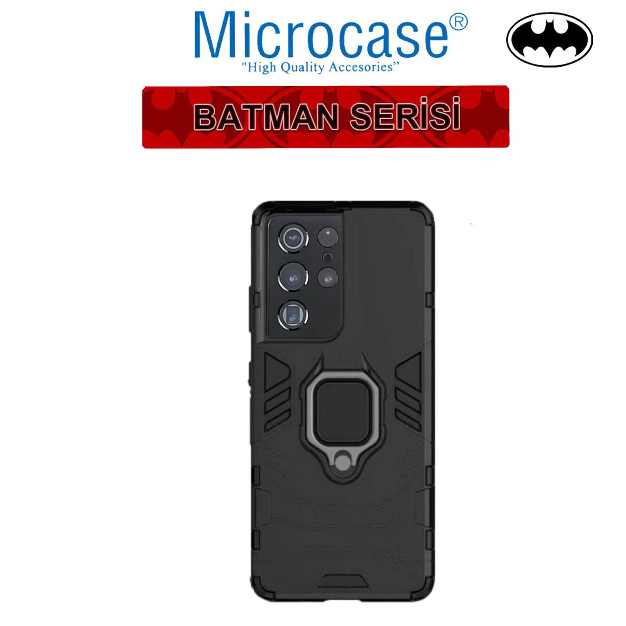 Microcase Samsung Galaxy S21 Ultra Batman Serisi Yüzük Standlı Armor Kılıf - Siyah