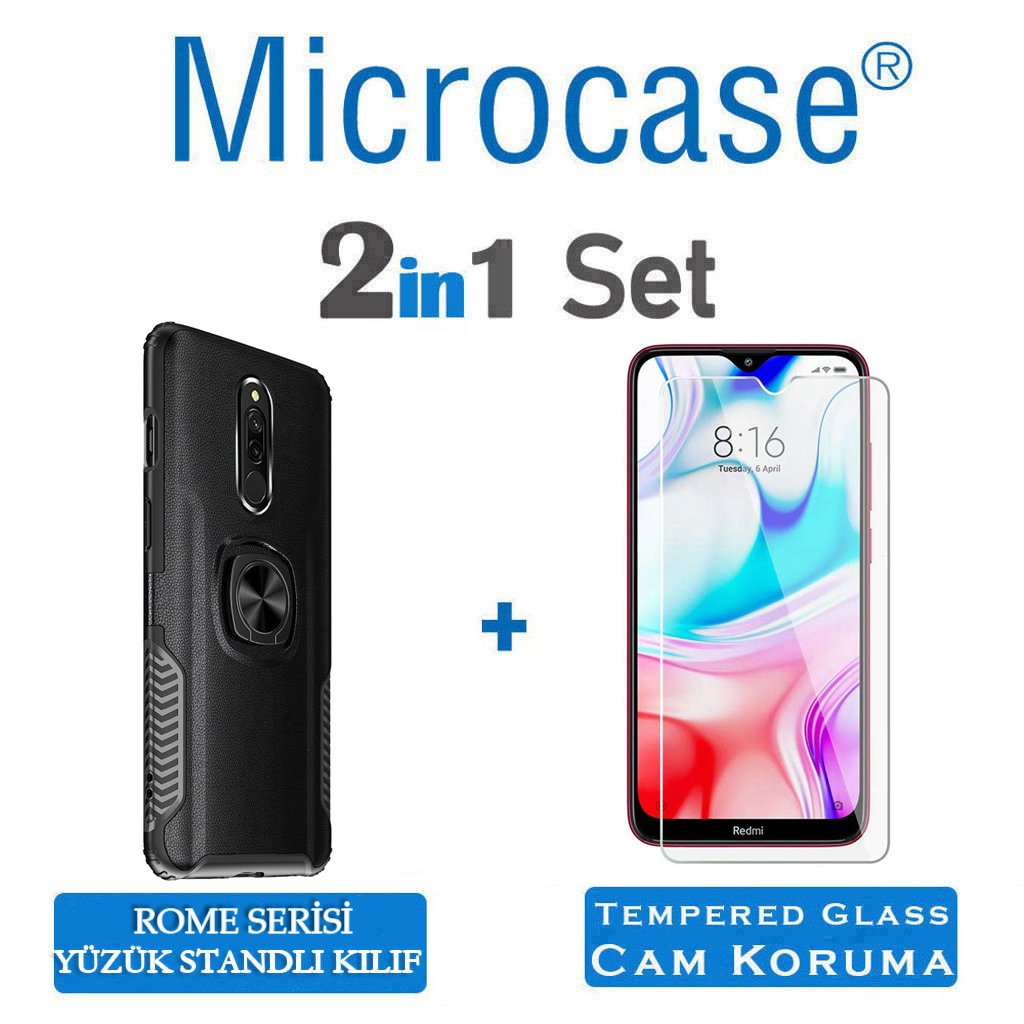 Microcase Xiaomi Redmi 8 Rome Serisi Yüzük Standlı Armor Kılıf - Siyah + Tempered Glass Cam Koruma