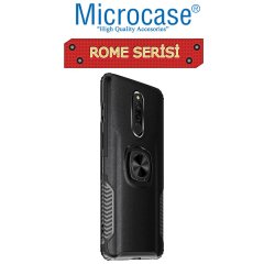 Microcase Xiaomi Redmi 8 Rome Serisi Yüzük Standlı Armor Kılıf - Siyah + Tempered Glass Cam Koruma