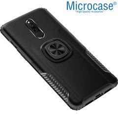 Microcase Xiaomi Redmi 8 Rome Serisi Yüzük Standlı Armor Kılıf - Siyah + Tempered Glass Cam Koruma