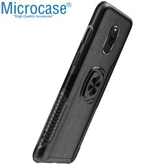 Microcase Xiaomi Redmi 8 Rome Serisi Yüzük Standlı Armor Kılıf - Siyah + Tempered Glass Cam Koruma