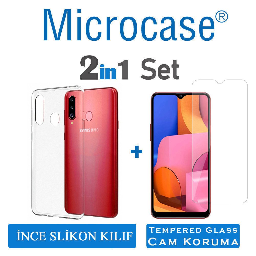 Microcase Samsung Galaxy A20s Ultra İnce 0.2 mm Soft Silikon Kılıf - Şeffaf + Tempered Glass Cam Koruma