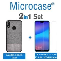 Microcase Huawei P20 Lite Fabrik Serisi Kumaş ve Deri Desen Kılıf - Gri + Tempered Glass Cam Koruma