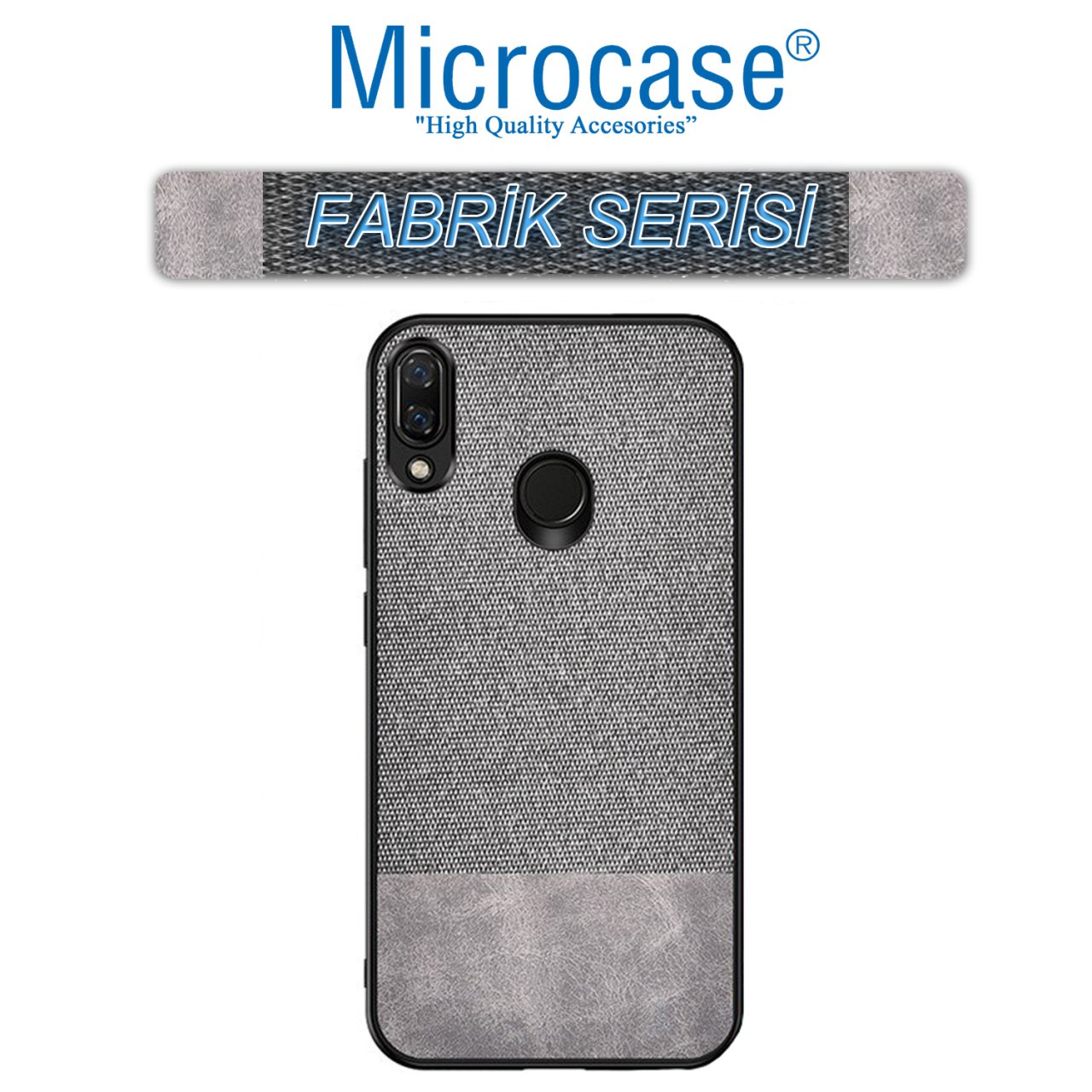 Microcase Huawei P20 Lite Fabrik Serisi Kumaş ve Deri Desen Kılıf - Gri