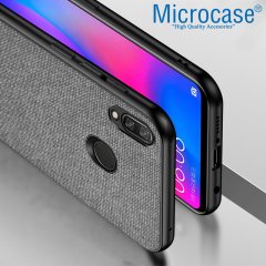 Microcase Huawei P20 Lite Fabrik Serisi Kumaş ve Deri Desen Kılıf - Gri