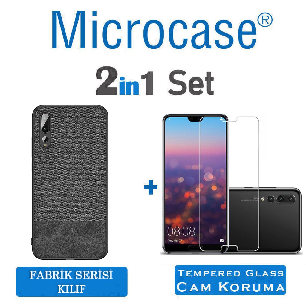 Microcase Huawei P20 Pro Fabrik Serisi Kumaş ve Deri Desen Kılıf - Siyah + Tempered Glass Cam Koruma