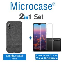 Microcase Huawei P20 Pro Fabrik Serisi Kumaş ve Deri Desen Kılıf - Siyah + Tempered Glass Cam Koruma