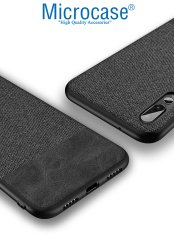 Microcase Huawei P20 Pro Fabrik Serisi Kumaş ve Deri Desen Kılıf - Siyah + Tempered Glass Cam Koruma
