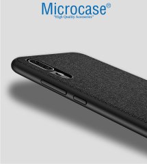 Microcase Huawei P20 Pro Fabrik Serisi Kumaş ve Deri Desen Kılıf - Siyah + Tempered Glass Cam Koruma
