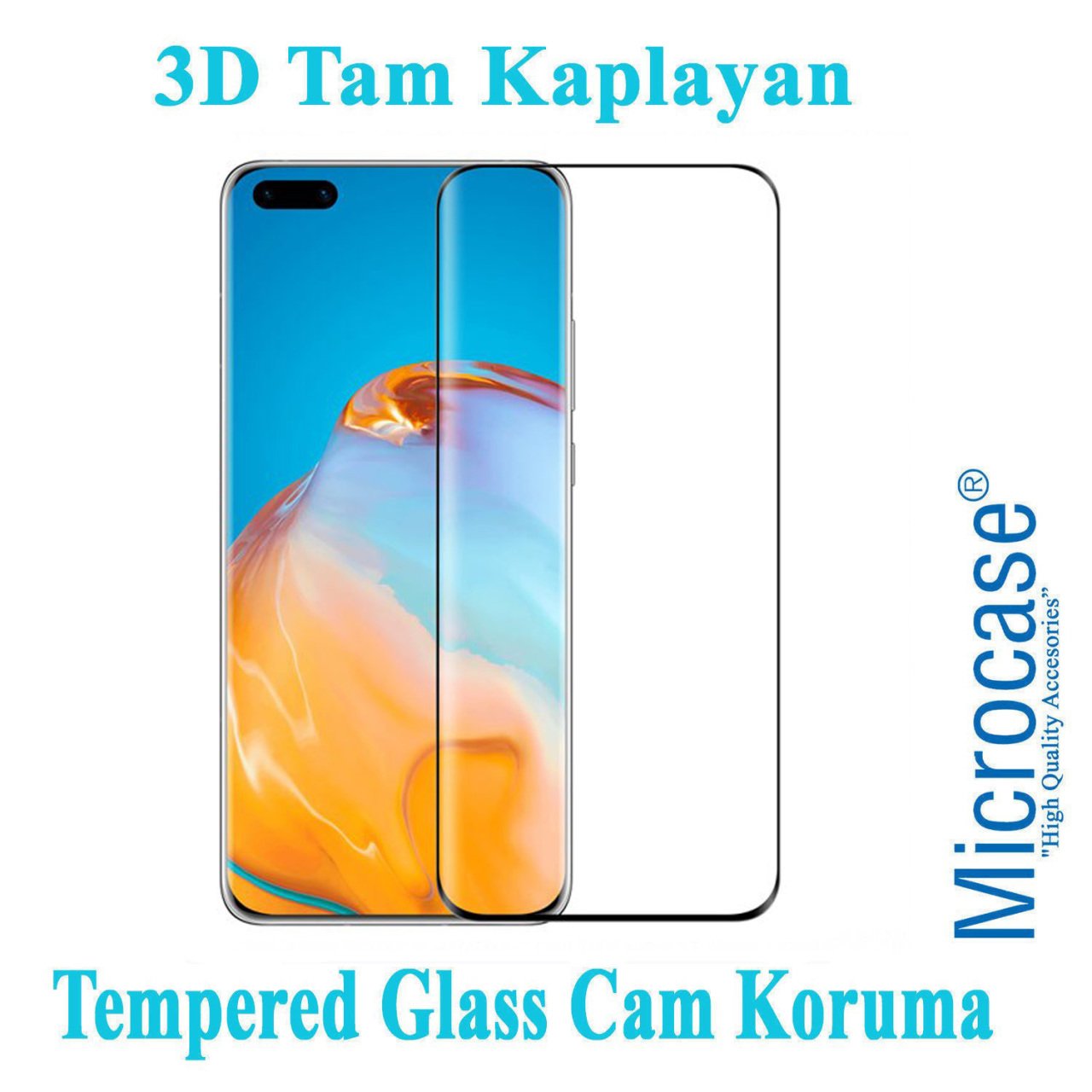 Microcase Huawei P40 Pro 3D Curved Tam Kaplayan Tempered Glass Cam Koruma - Siyah