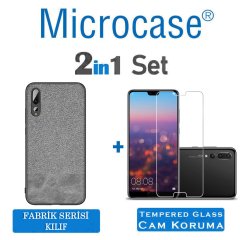 Microcase Huawei P20 Pro Fabrik Serisi Kumaş ve Deri Desen Kılıf - Gri + Tempered Glass Cam Koruma