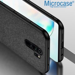 Microcase Xiaomi Redmi 9 Fabrik Serisi Kumaş ve Deri Desen Kılıf -Siyah