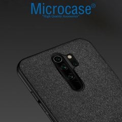 Microcase Xiaomi Redmi 9 Fabrik Serisi Kumaş ve Deri Desen Kılıf -Siyah + Tempered Glass Cam Koruma