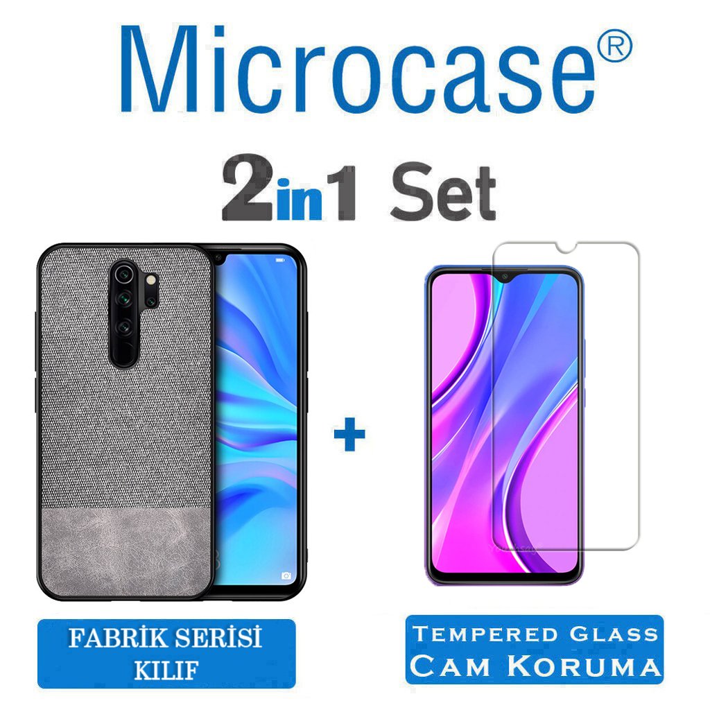 Microcase Xiaomi Redmi 9 Fabrik Serisi Kumaş ve Deri Desen Kılıf -Gri + Tempered Glass Cam Koruma