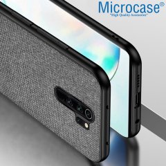 Microcase Xiaomi Redmi 9 Fabrik Serisi Kumaş ve Deri Desen Kılıf -Gri + Tempered Glass Cam Koruma