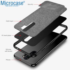 Microcase Xiaomi Redmi 9 Fabrik Serisi Kumaş ve Deri Desen Kılıf -Gri + Tempered Glass Cam Koruma