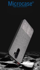 Microcase Xiaomi Redmi 9 Fabrik Serisi Kumaş ve Deri Desen Kılıf -Gri + Tempered Glass Cam Koruma
