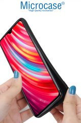 Microcase Xiaomi Redmi 9 Fabrik Serisi Kumaş ve Deri Desen Kılıf -Gri + Tempered Glass Cam Koruma