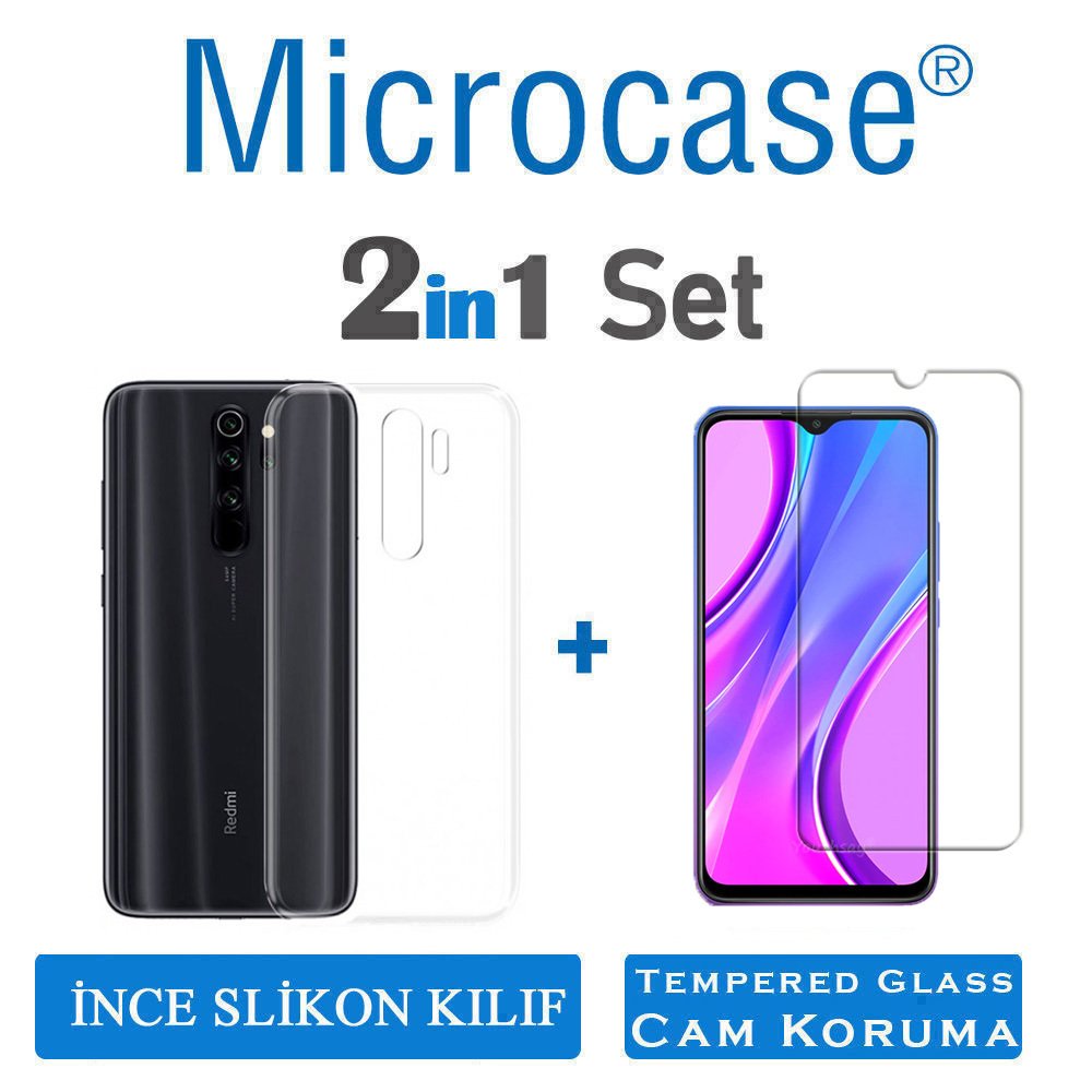 Microcase Xiaomi Redmi 9 0.2 mm İnce Soft Silikon Kılıf - Şeffaf + Tempered Glass Cam Koruma