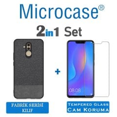Microcase Huawei Mate 20 Lite Fabrik Serisi Kumaş ve Deri Desen Kılıf - Siyah + Tempered Glass Cam Koruma