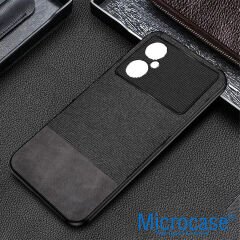 Microcase Xiaomi Poco M4 5G Fabrik Kumaş ve Deri Desen Kılıf - Siyah
