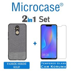 Microcase Huawei Mate 20 Lite Fabrik Serisi Kumaş ve Deri Desen Kılıf - Gri + Tempered Glass Cam Koruma