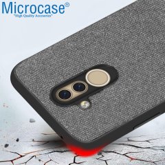 Microcase Huawei Mate 20 Lite Fabrik Serisi Kumaş ve Deri Desen Kılıf - Gri + Tempered Glass Cam Koruma