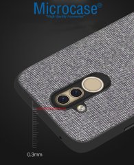 Microcase Huawei Mate 20 Lite Fabrik Serisi Kumaş ve Deri Desen Kılıf - Gri + Tempered Glass Cam Koruma