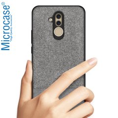 Microcase Huawei Mate 20 Lite Fabrik Serisi Kumaş ve Deri Desen Kılıf - Gri + Tempered Glass Cam Koruma