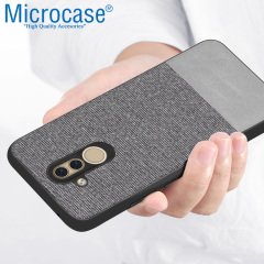 Microcase Huawei Mate 20 Lite Fabrik Serisi Kumaş ve Deri Desen Kılıf - Gri + Tempered Glass Cam Koruma