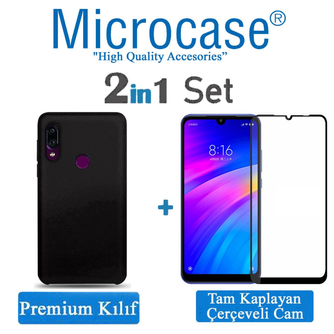 Xiaomi Redmi 7 Premium Matte Silikon Kılıf + Tam Kaplayan Cam