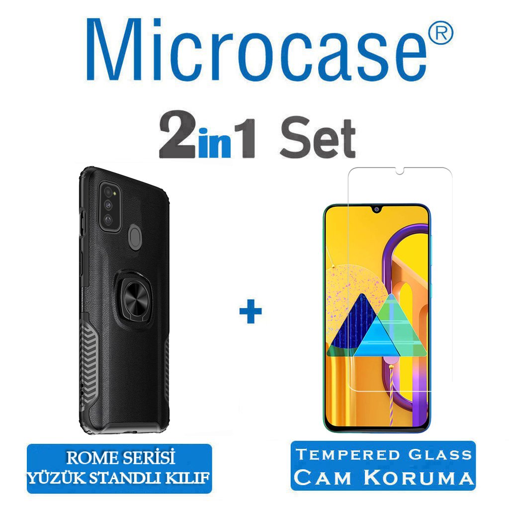 Microcase Samsung Galaxy M30s Rome Serisi Yüzük Standlı Armor Kılıf - Siyah + Tempered Glass Cam Koruma