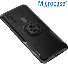 Microcase Samsung Galaxy M30s Rome Serisi Yüzük Standlı Armor Kılıf - Siyah + Tempered Glass Cam Koruma