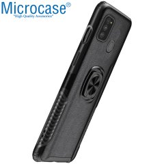 Microcase Samsung Galaxy M30s Rome Serisi Yüzük Standlı Armor Kılıf - Siyah + Tempered Glass Cam Koruma