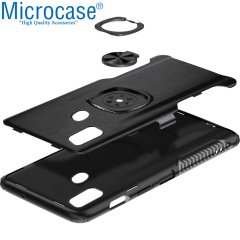 Microcase Samsung Galaxy M30s Rome Serisi Yüzük Standlı Armor Kılıf - Siyah + Tempered Glass Cam Koruma
