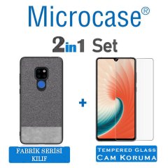 Microcase Huawei Mate 20 Fabrik Serisi Kumaş ve Deri Desen Kılıf - Gri + Tempered Glass Cam Koruma