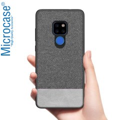 Microcase Huawei Mate 20 Fabrik Serisi Kumaş ve Deri Desen Kılıf - Gri + Tempered Glass Cam Koruma