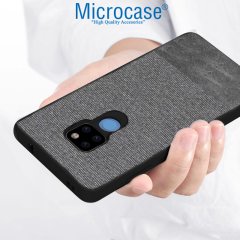 Microcase Huawei Mate 20 Fabrik Serisi Kumaş ve Deri Desen Kılıf - Gri + Tempered Glass Cam Koruma