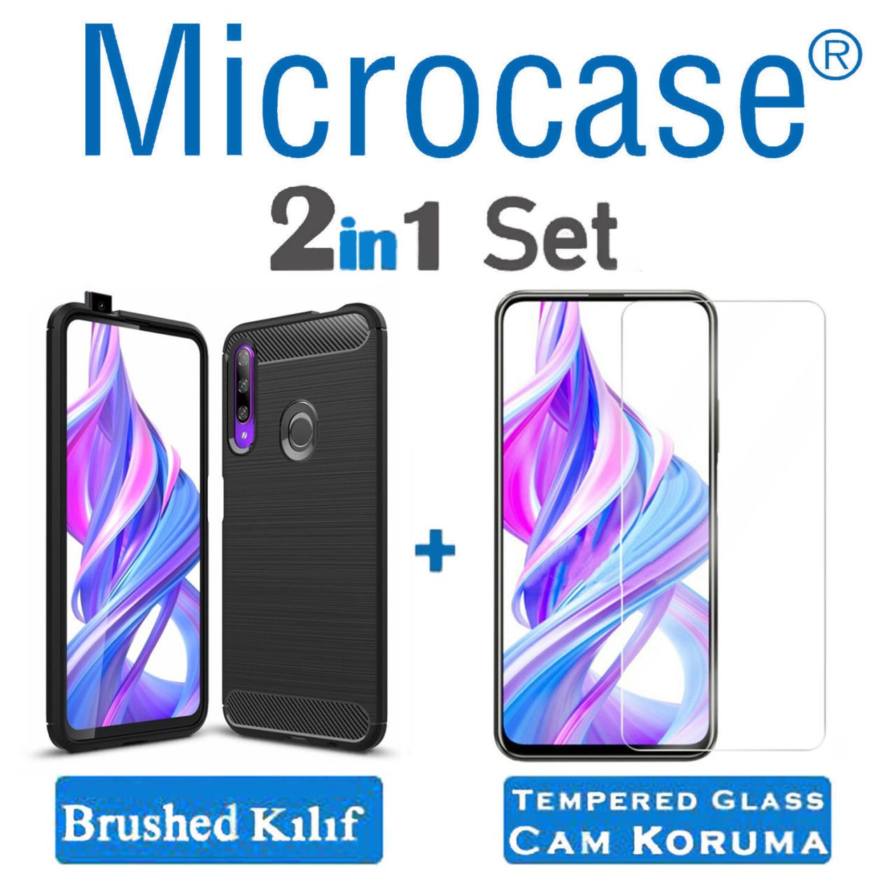 Microcase Huawei P Smart Pro 2019 Brushed Carbon Fiber Silikon Kılıf - Siyah + Tempered Glass Cam Koruma