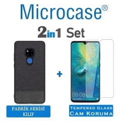Microcase Huawei Mate 20 X Fabrik Serisi Kumaş ve Deri Desen Kılıf - Siyah + Tempered Glass Cam Koruma