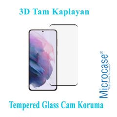 Microcase Samsung Galaxy S21 Ultra 3D Curved Tam Kaplayan Tempered Glass Cam Koruma - Siyah