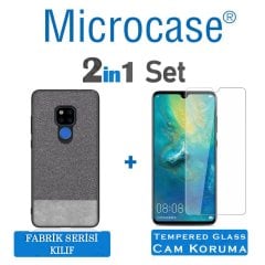 Microcase Huawei Mate 20 X Fabrik Serisi Kumaş ve Deri Desen Kılıf - Gri + Tempered Glass Cam Koruma