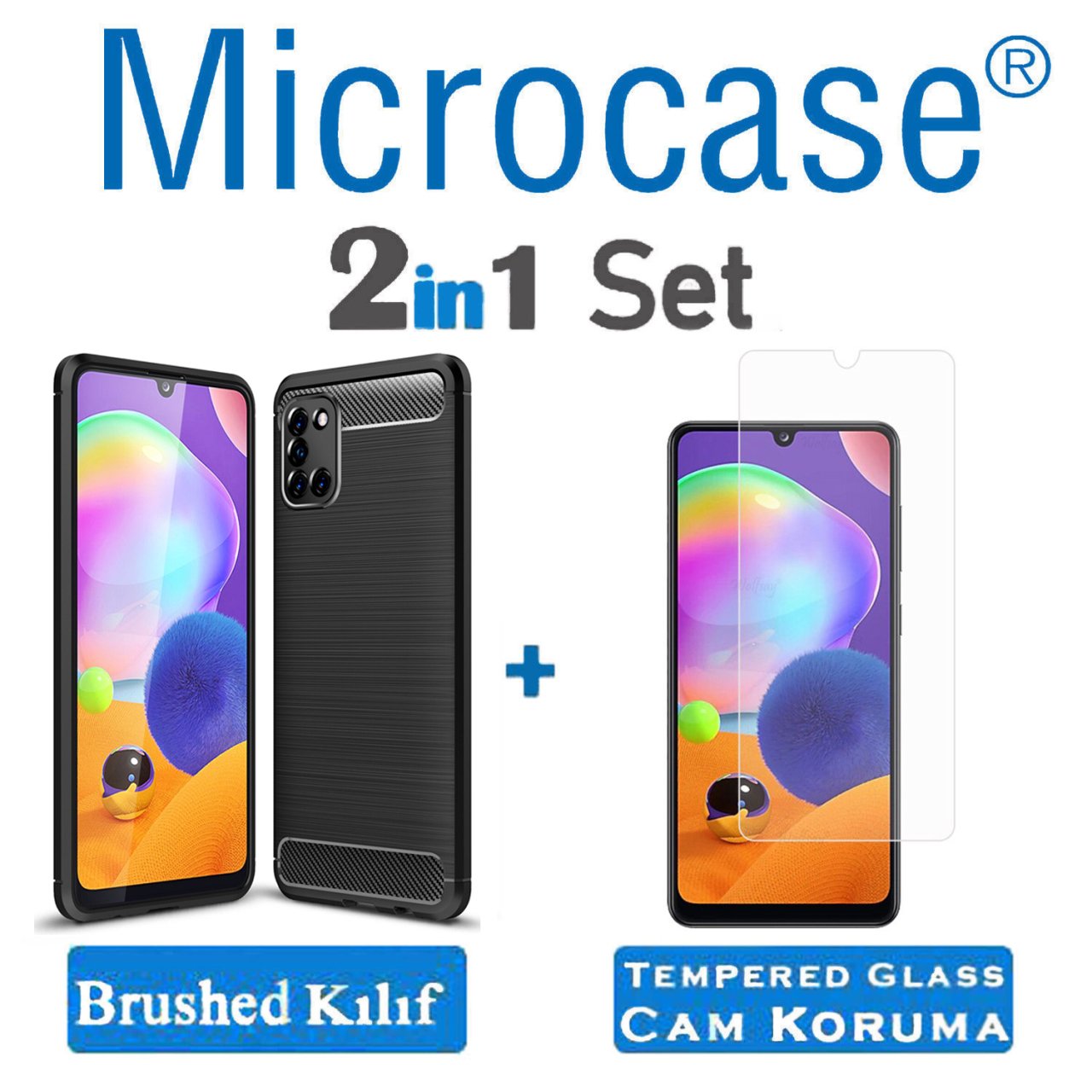 Microcase Samsung Galaxy A31 Brushed Carbon Fiber Silikon Kılıf - Siyah + Tempered Glass Cam Koruma
