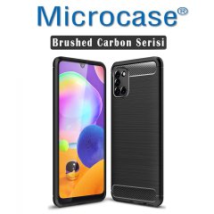 Microcase Samsung Galaxy A31 Brushed Carbon Fiber Silikon Kılıf - Siyah + Tempered Glass Cam Koruma