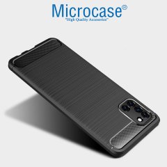 Microcase Samsung Galaxy A31 Brushed Carbon Fiber Silikon Kılıf - Siyah + Tempered Glass Cam Koruma