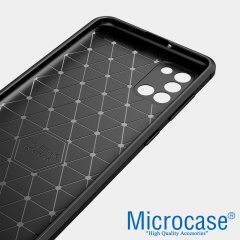 Microcase Samsung Galaxy A31 Brushed Carbon Fiber Silikon Kılıf - Siyah + Tempered Glass Cam Koruma