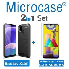Microcase Samsung Galaxy M31 Brushed Carbon Fiber Silikon Kılıf - Siyah + Tempered Glass Cam Koruma